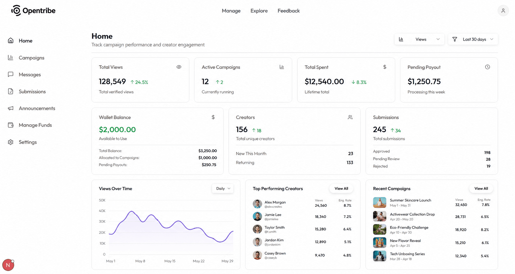 Opentribe Platform — business dashboard with campaign performance and creator engagement