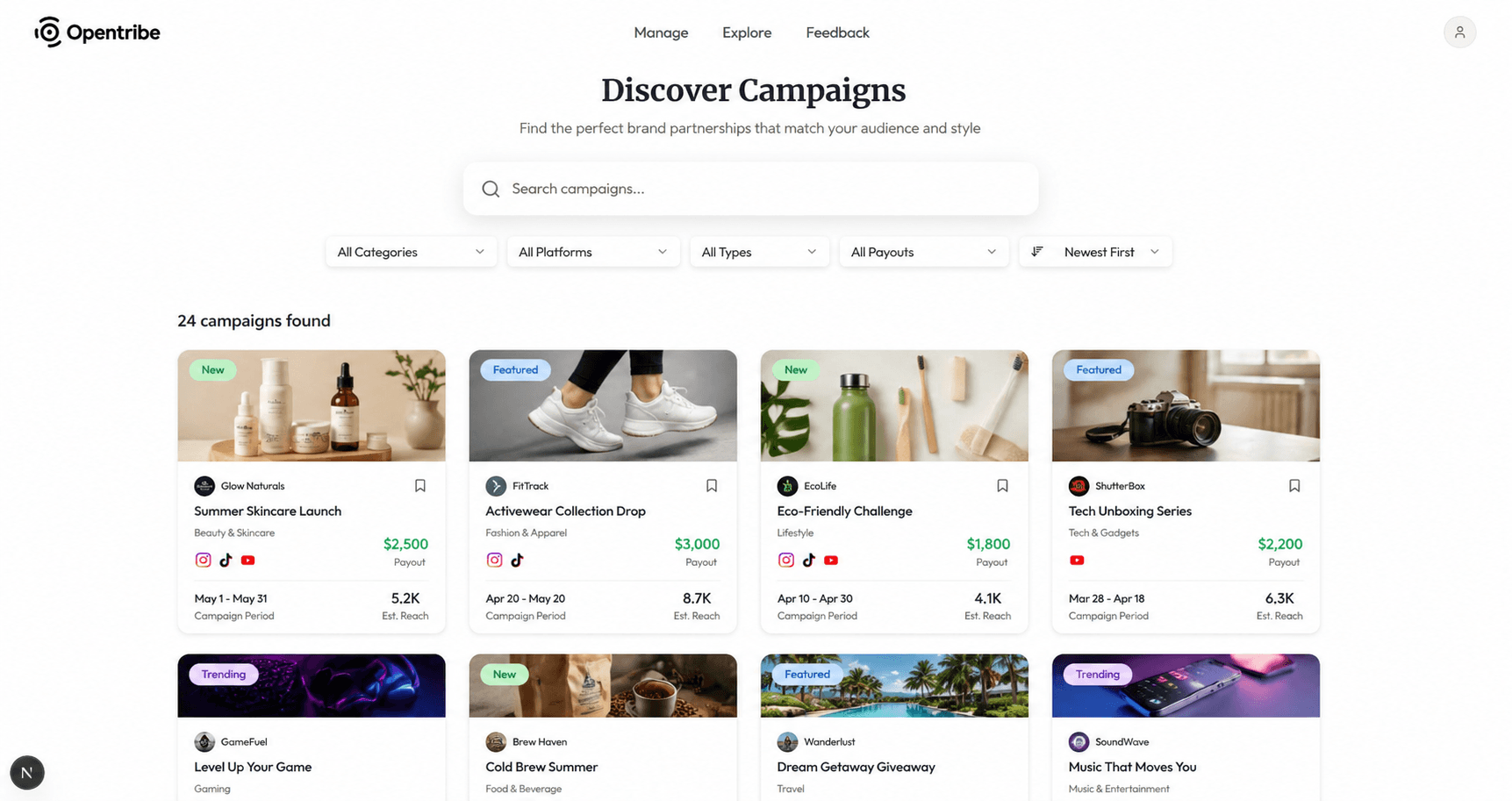 Opentribe Platform — Discover Campaigns marketplace browse view